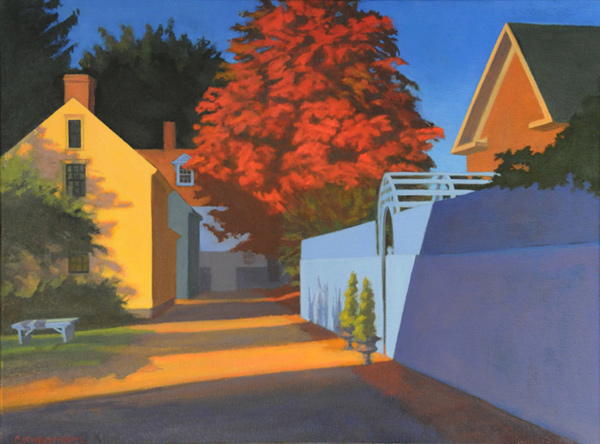 landscape oil painting - Chase House & Red Tree