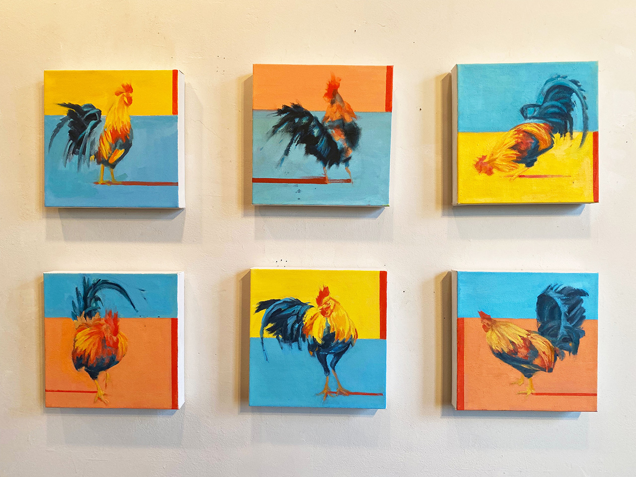 set of 6 colorful rooster paintings - Key West Rooster Series